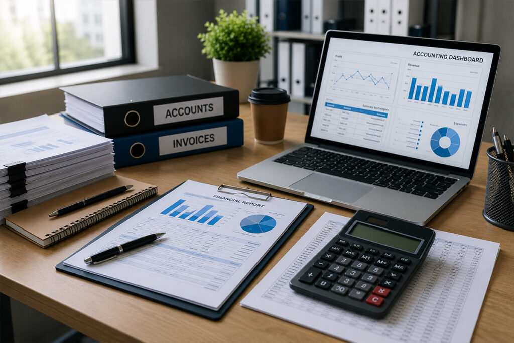 Top 10 Accounts Outsourcing Companies showcasing a professional accounting workspace with financial reports, laptop, calculator, and accounting documents.