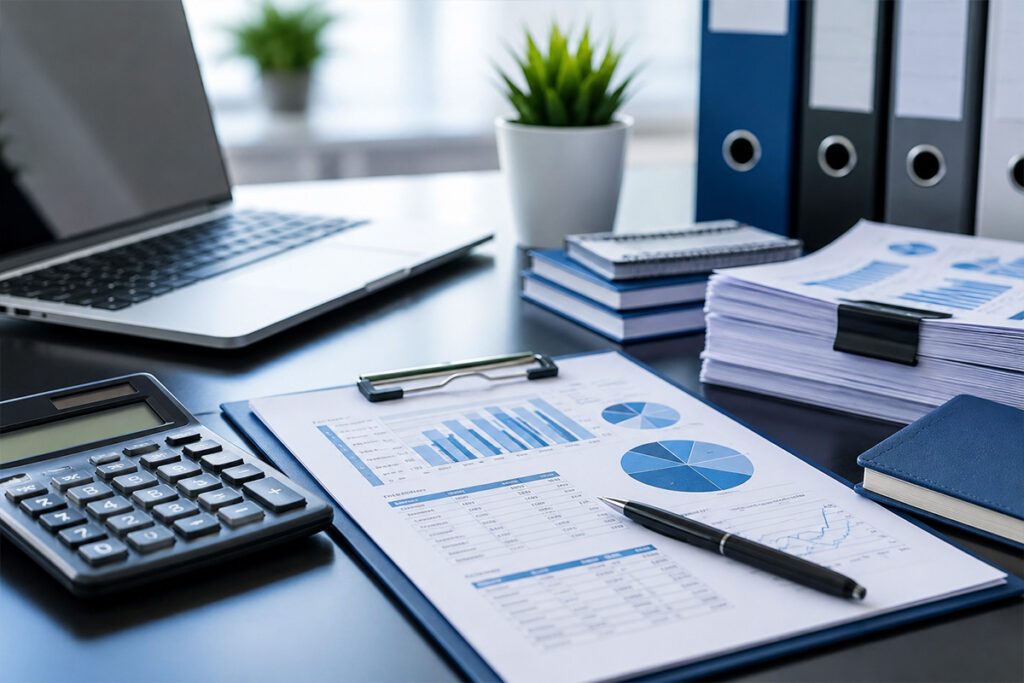 10 Benefits of Outsourcing Accounting Services with financial reports, calculator, laptop, and accounting documents in a modern UK office.