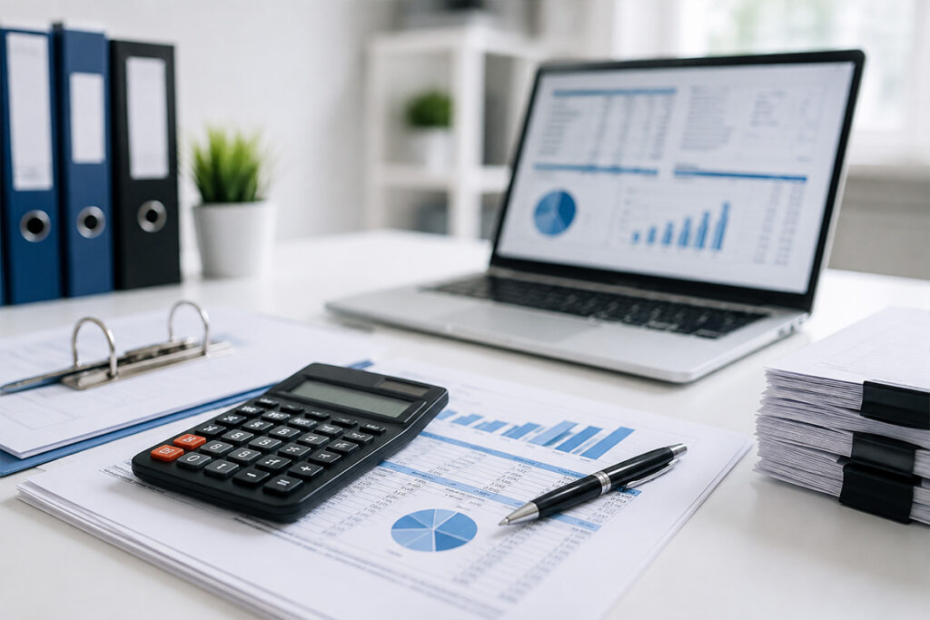 10 Benefits of Outsourcing Accounting Services with financial reports, calculator, laptop, and accounting documents in a modern UK office.