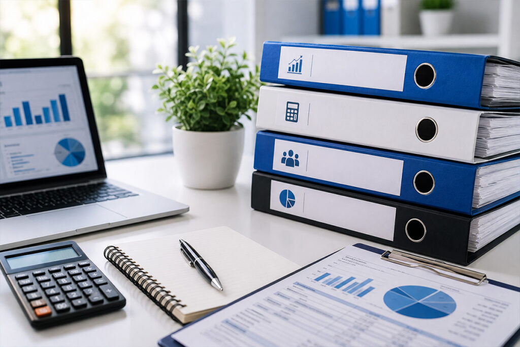 Accounting Support Services UK with financial growth chart, calculator, notebook, and modern business workspace.