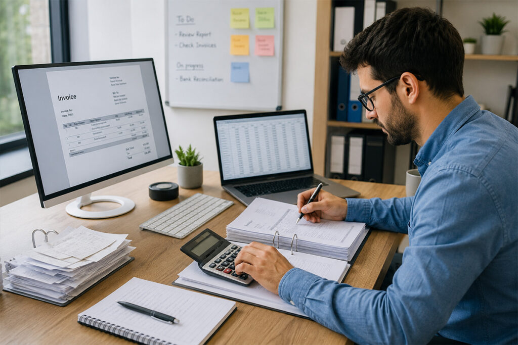 Professional accountant providing Bookkeeping Services UK while reviewing financial records and invoices.