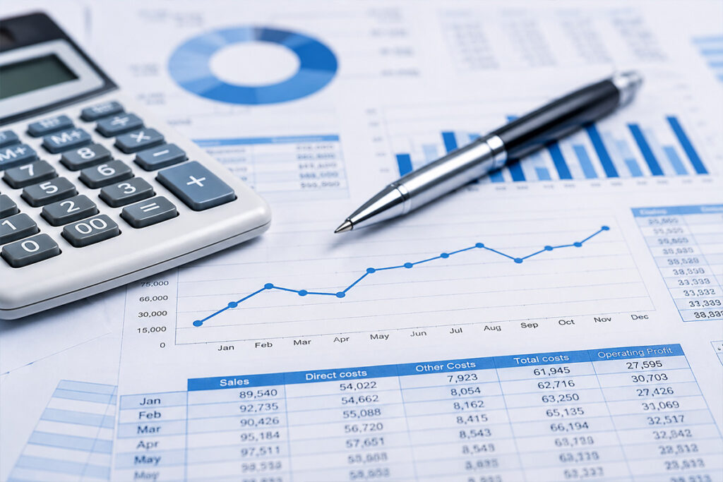 Financial reports, calculator, and pen representing Bookkeeping Services UK for accurate business record management.