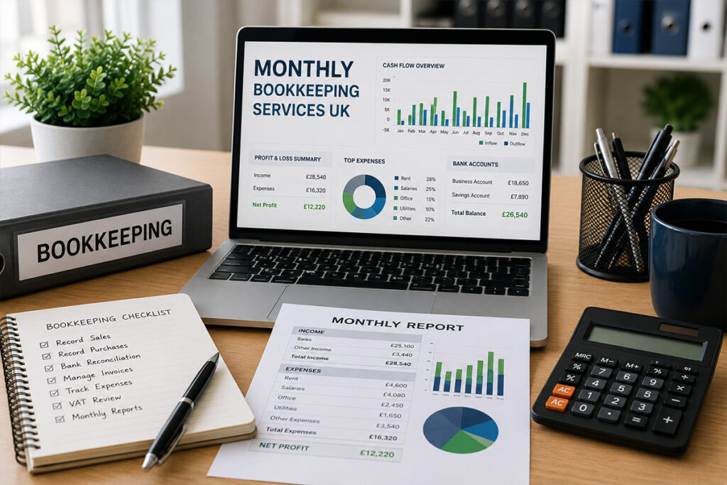 Monthly Bookkeeping Services UK with financial reports, calculator and accounting records