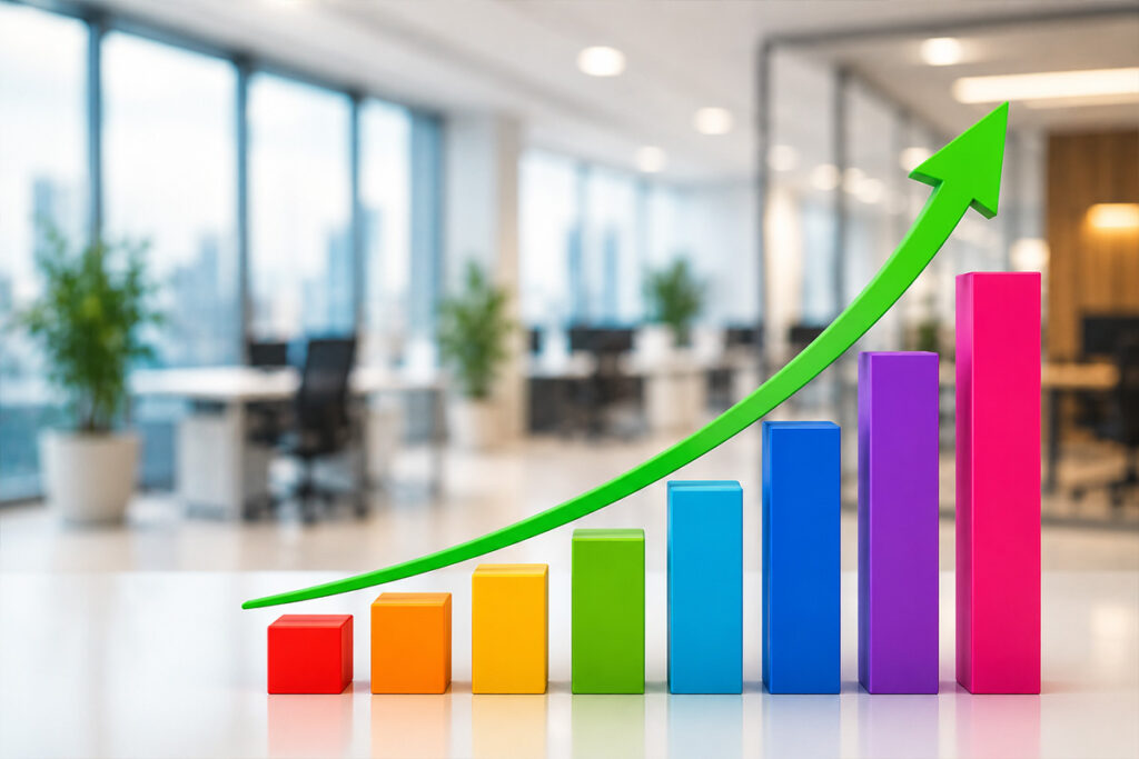 Monthly Bookkeeping Services UK with colourful financial growth chart in modern office
