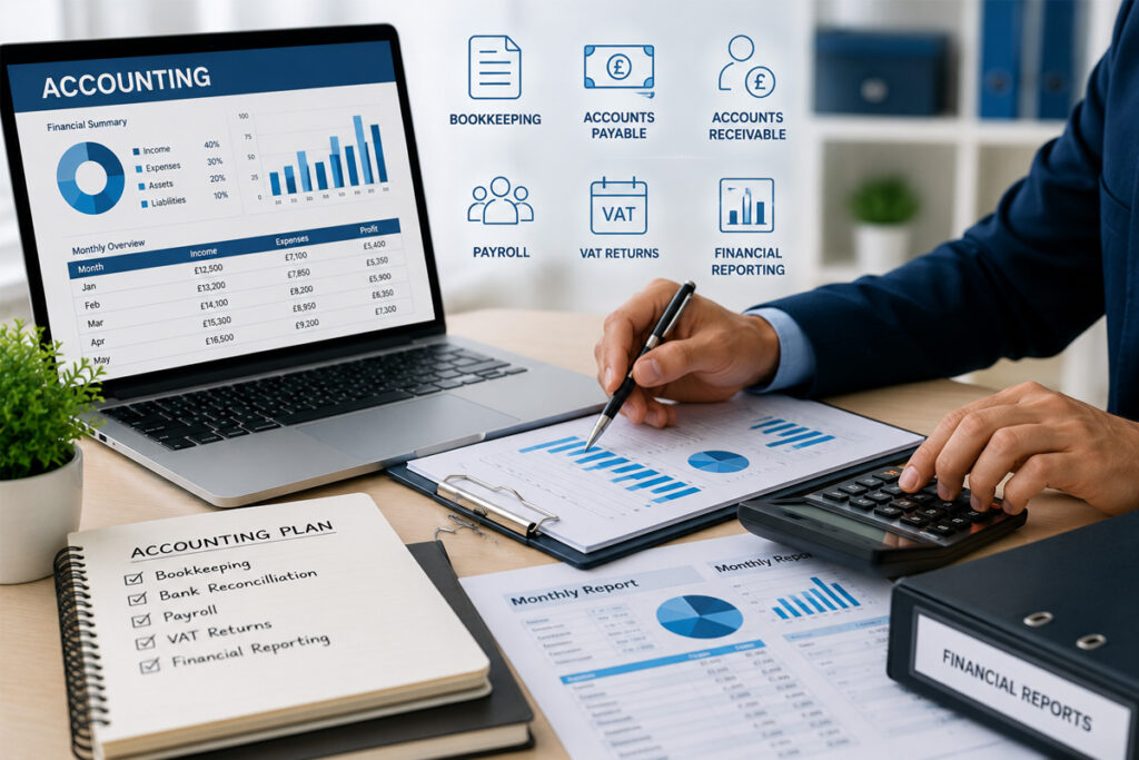 Outsourced Accounting Services UK with financial statements, calculator and business accounting reports