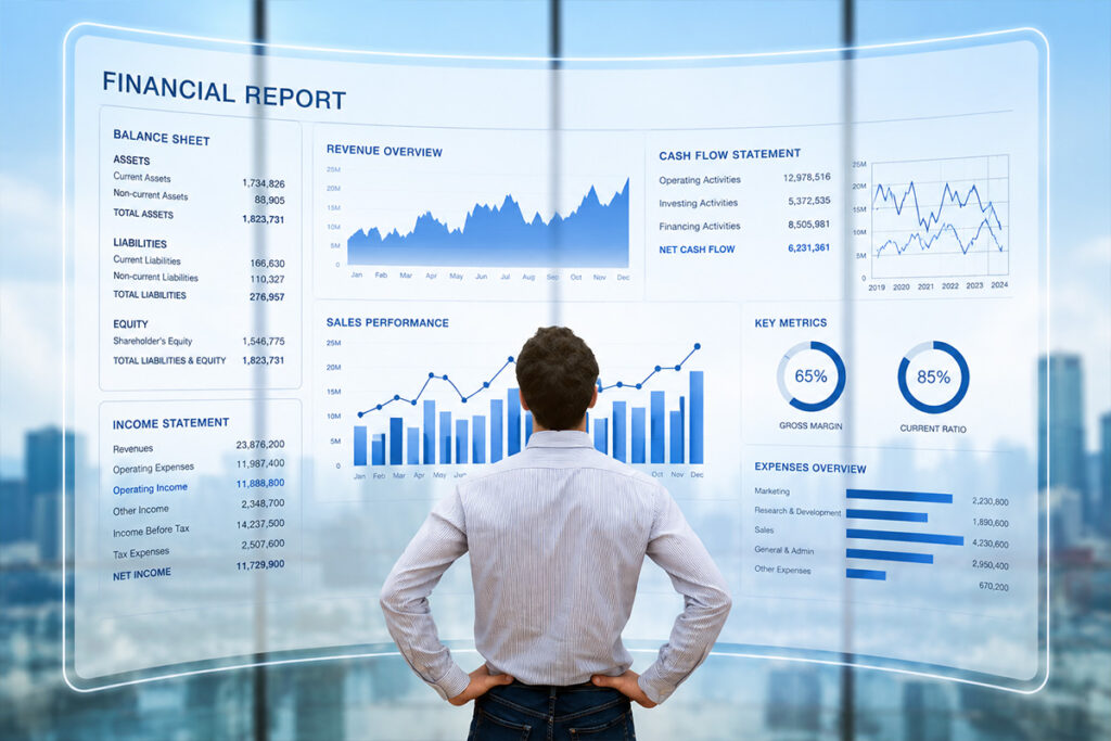 Financial dashboard with business growth charts representing Outsourcing Accounting Services in UK.
