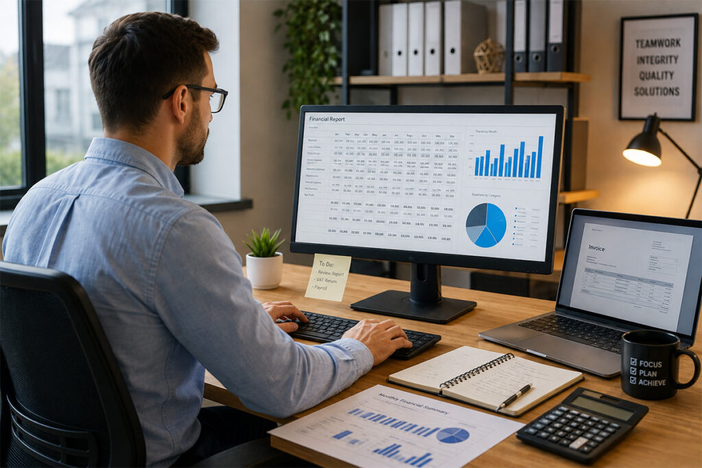 Professional accountant working on financial reports while providing Outsourcing Accounting Services in UK.