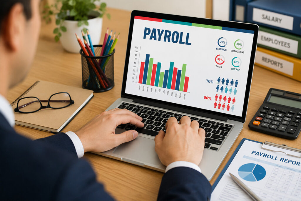Payroll Processing UK professional working on employee salary reports and payroll data