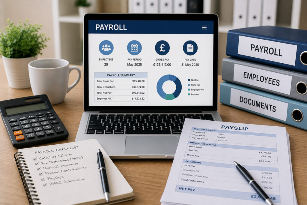 Payroll Processing Services UK with payroll dashboard, employee records and salary reports