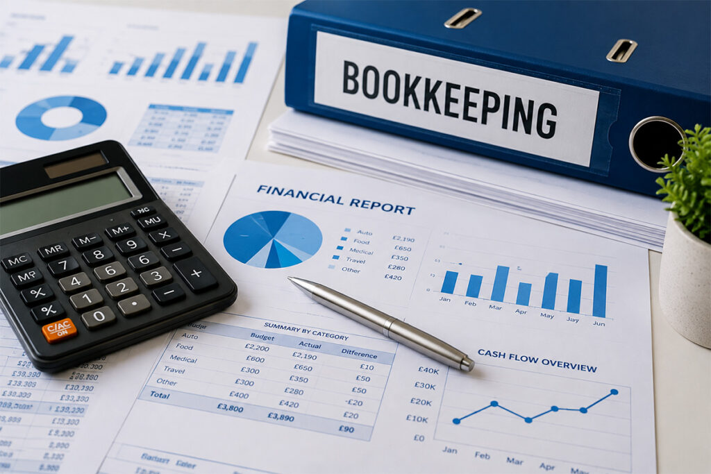 UK Bookkeeping Services with financial reports, bookkeeping records, calculator and business growth charts.