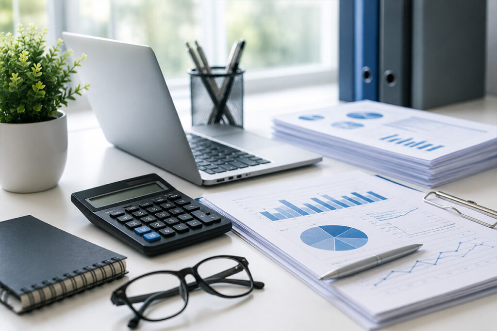 UK Bookkeeping Services with laptop, financial reports, calculator and business accounting documents.