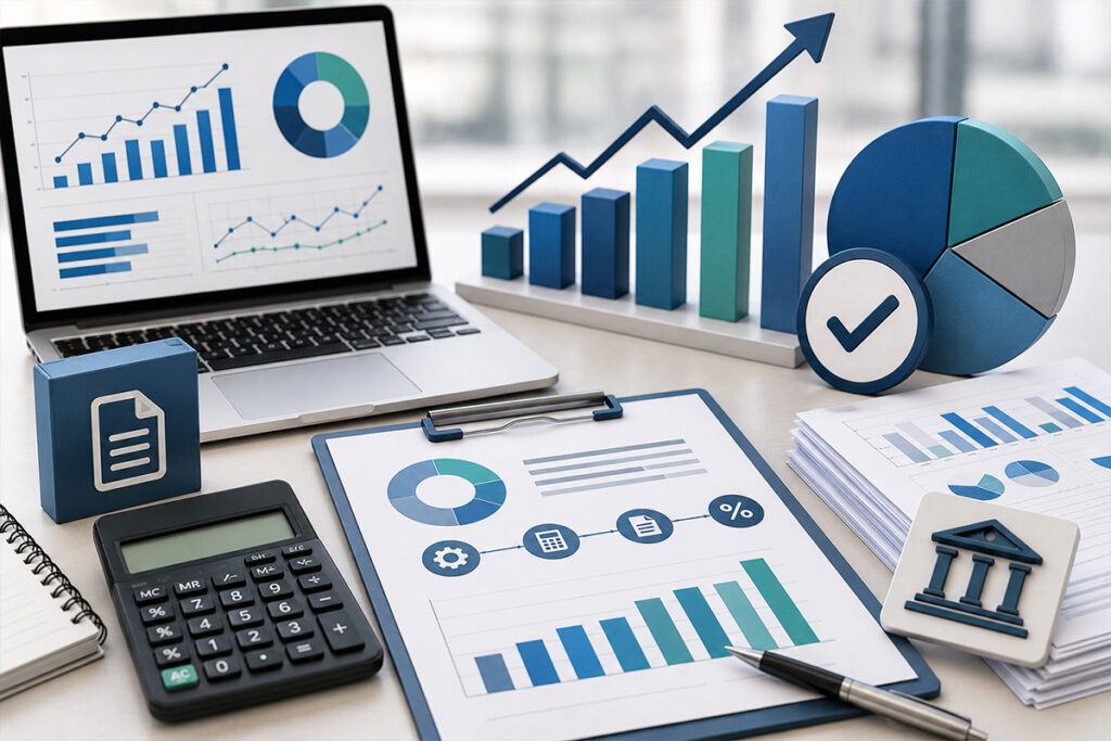 VAT Return Services with financial graphs, business growth charts and accounting analysis