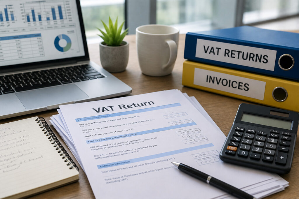 VAT Return Services UK with laptop, VAT documents, calculator and financial records