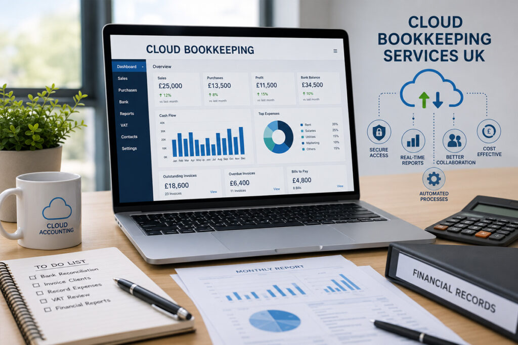 Cloud Bookkeeping Services UK: A Complete Guide for UK Businesses 17 Cloud Bookkeeping Services UK with professional working on financial records and accounting reports