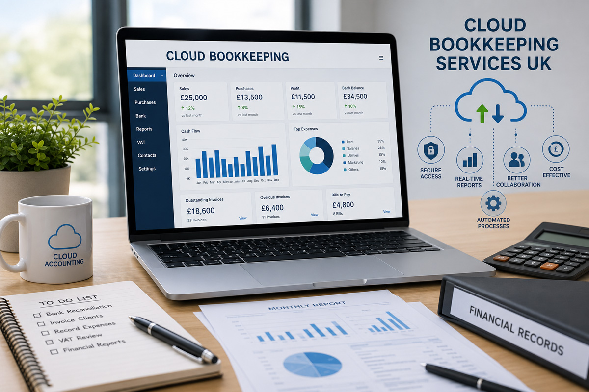 Cloud Bookkeeping Services UK with professional working on financial records and accounting reports