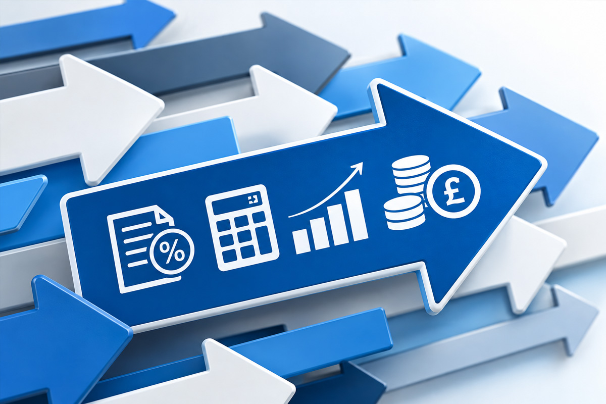 Corporate tax outsourcing services UK with financial growth charts and pound icons