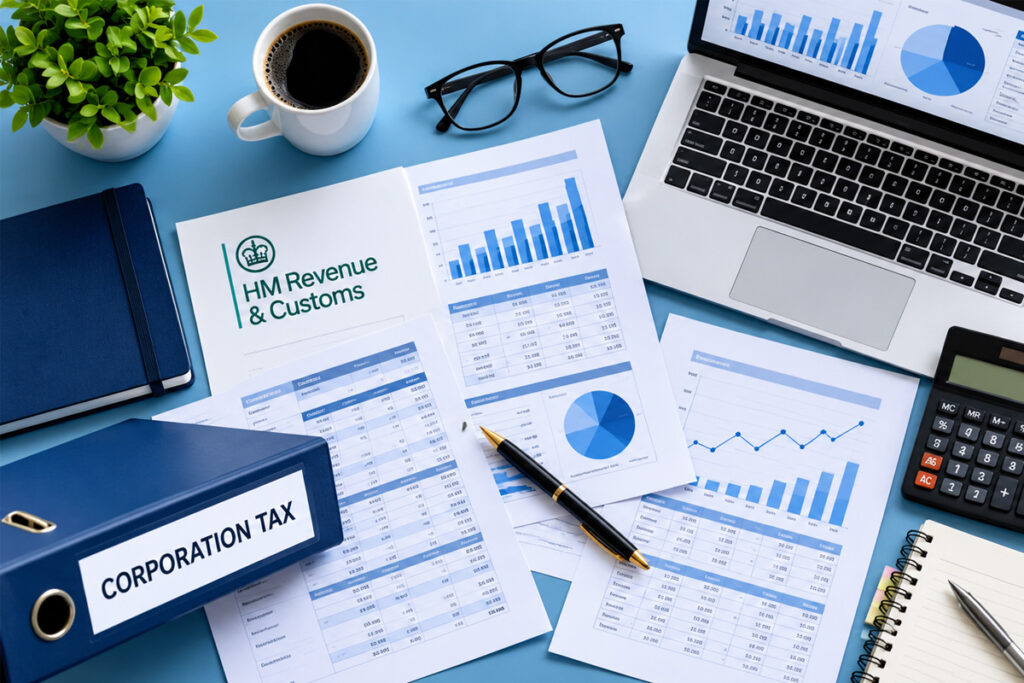 Corporate tax outsourcing services in UK with financial reports and HMRC documents