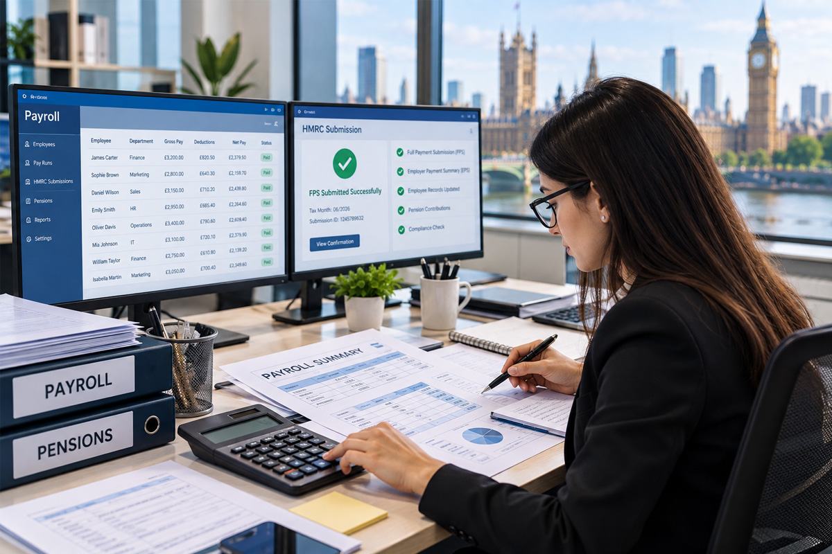 UK payroll processing specialist working on employee payroll reports