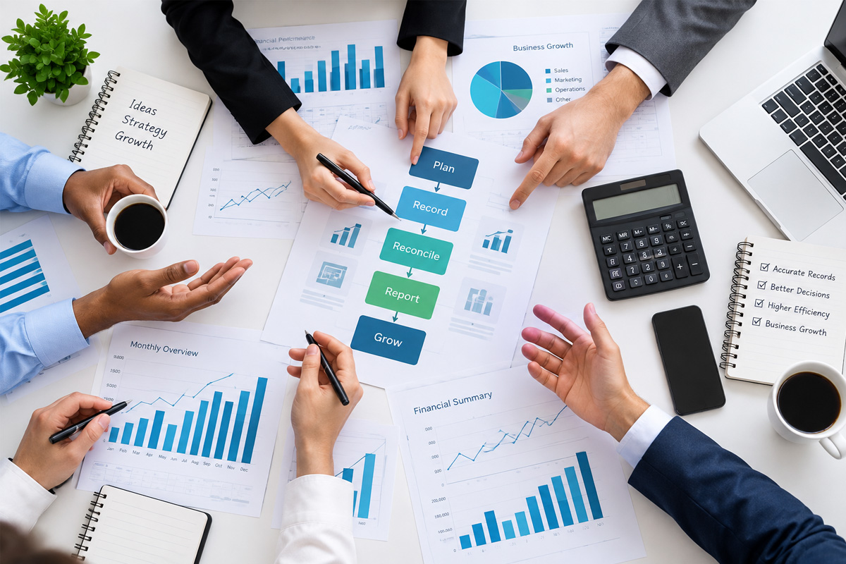 Professional Bookkeeping Services in UK with team reviewing financial charts and business reports