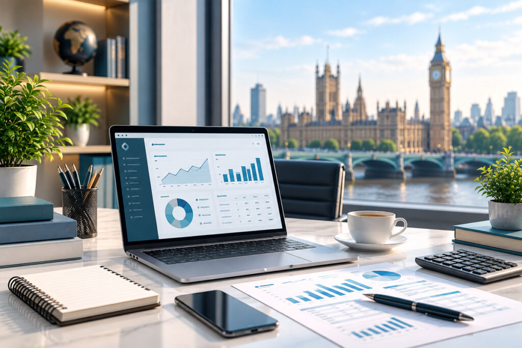 Xero Bookkeeping Services UK with modern accounting workspace and financial report